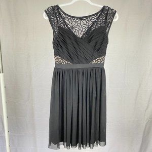 Eclipse Black Evening Cocktail Party Dress with Lace and Capped Sleeves